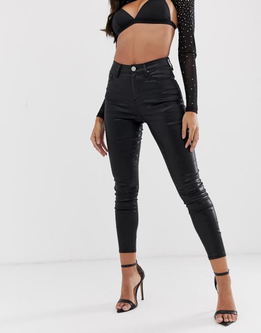 ASOS DESIGN high rise ridley skinny jeans in coated black