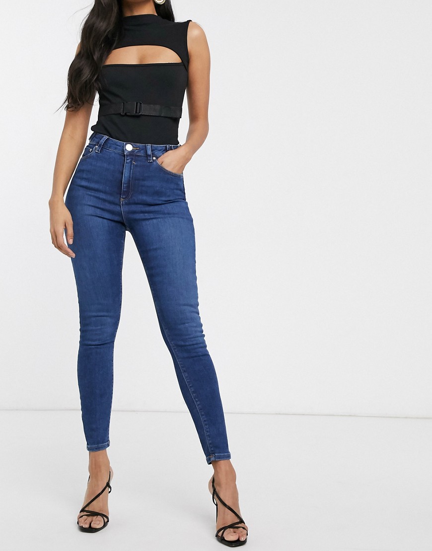 ASOS DESIGN high rise ridley 'skinny' jeans in dark vintage stonewash with tab waisted detail-Blues
