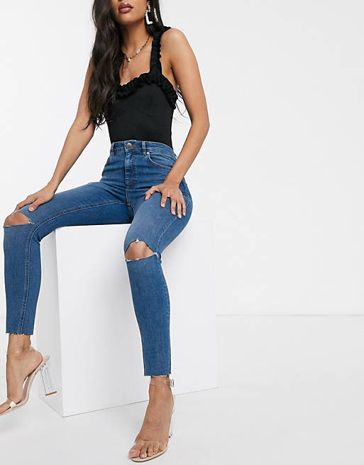 ASOS DESIGN high rise ridley 'skinny' jeans in mid blue with rips