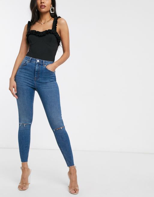 ASOS DESIGN high rise ridley 'skinny' jeans in mid blue with rips, 4 of 4