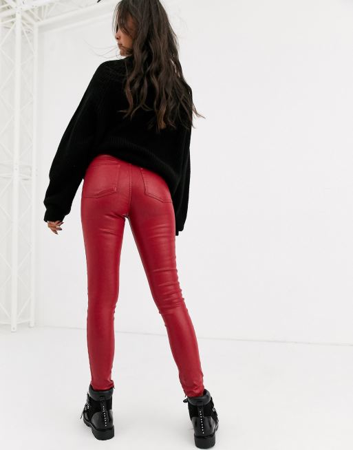 High-Waisted Coated Super-Skinny Jeans - Red