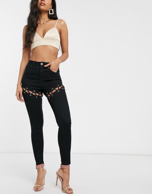 Lace up hot sale black skinny jeans