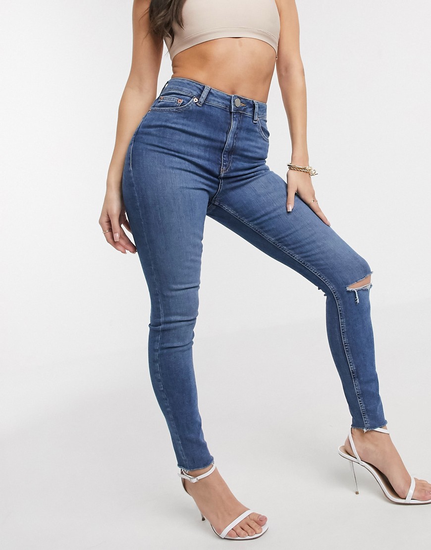 ASOS DESIGN high rise ridley 'skinny' jeans with rips in midwash blue wash-Blues