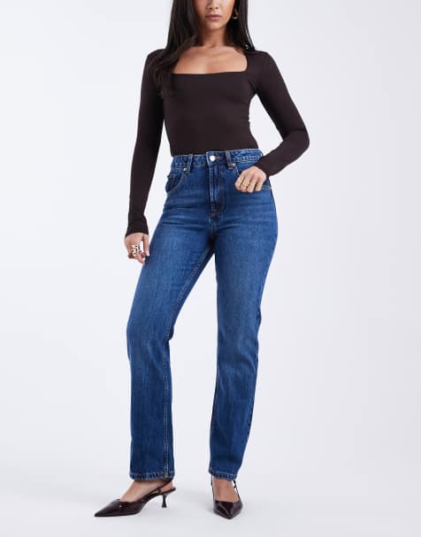 ASOS DESIGN high rise slim straight jeans in dark mid blue - view 1