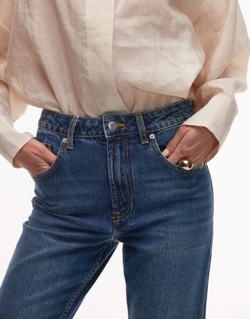 ASOS DESIGN high rise slim straight jeans in dark mid blue , 3 of 5