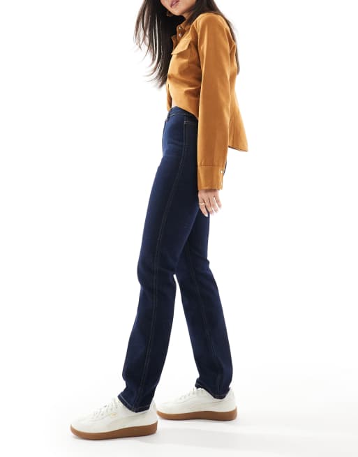 ASOS DESIGN high rise slim straight jeans in inky wash with gold button detail