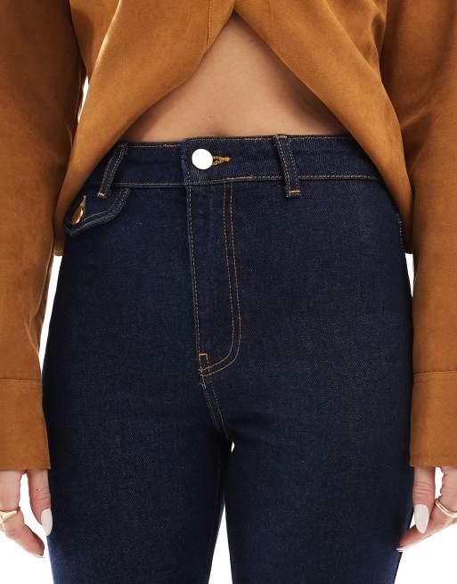 ASOS DESIGN high rise slim straight jeans in inky wash with gold button detail