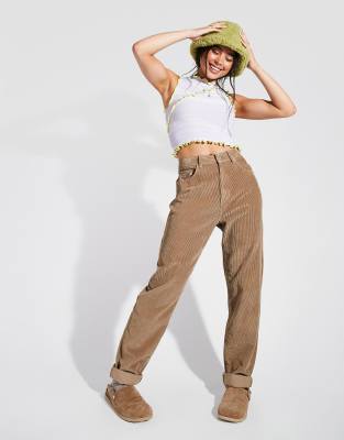 ASOS DESIGN high rise 'slouchy' mom jeans in biscuit cord - view 1