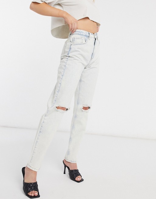 ASOS DESIGN high rise 'slouchy' mom jeans in bleachwash with rips