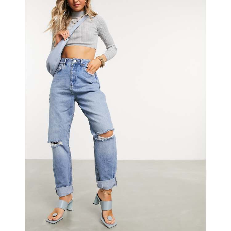 ASOS DESIGN High rise 'Slouchy' mom jeans in midwash with rips