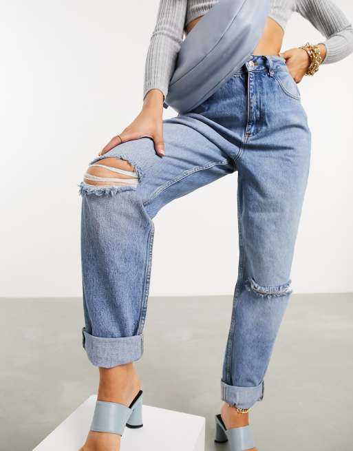 ASOS DESIGN High rise 'Slouchy' mom jeans in midwash with rips