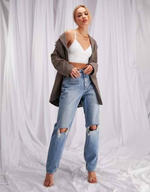 ASOS DESIGN rise slouchy mom jeans in stone with rips ASOS