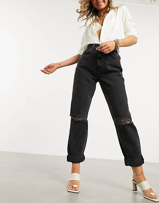 Jeans high rise 'slouchy' mom jeans in washed black with rips 