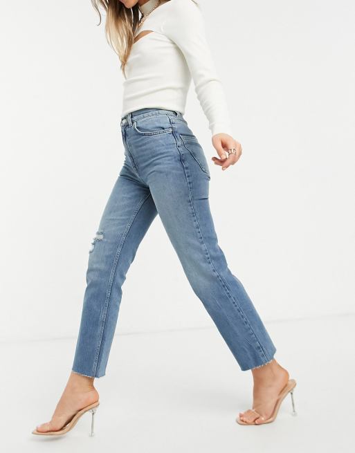 ASOS DESIGN high rise stretch 'effortless' crop kick flare jeans in midwash  with thigh rip