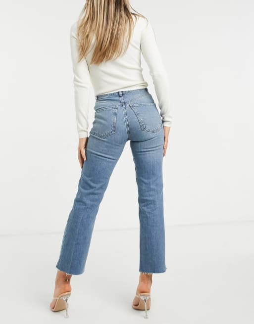 ASOS DESIGN high rise stretch slim straight leg jeans in midwash