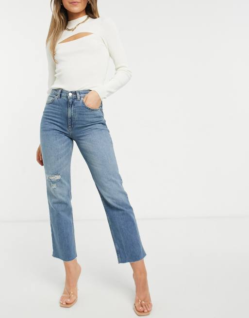 ASOS DESIGN high rise stretch 'effortless' crop kick flare jeans in midwash  with thigh rip