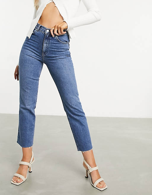 ASOS DESIGN high rise stretch 'effortless' crop kick flare jeans in midwash