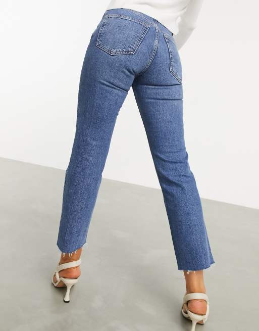 ASOS DESIGN high rise stretch slim straight leg jeans in midwash