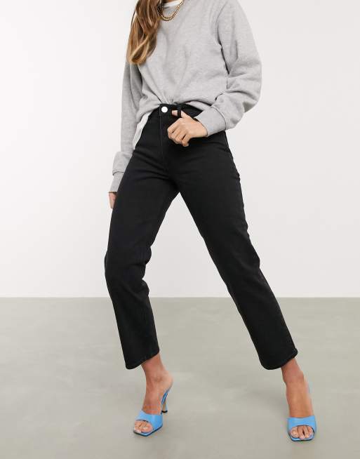 ASOS DESIGN high rise stretch 'slim' straight leg jeans in midwash