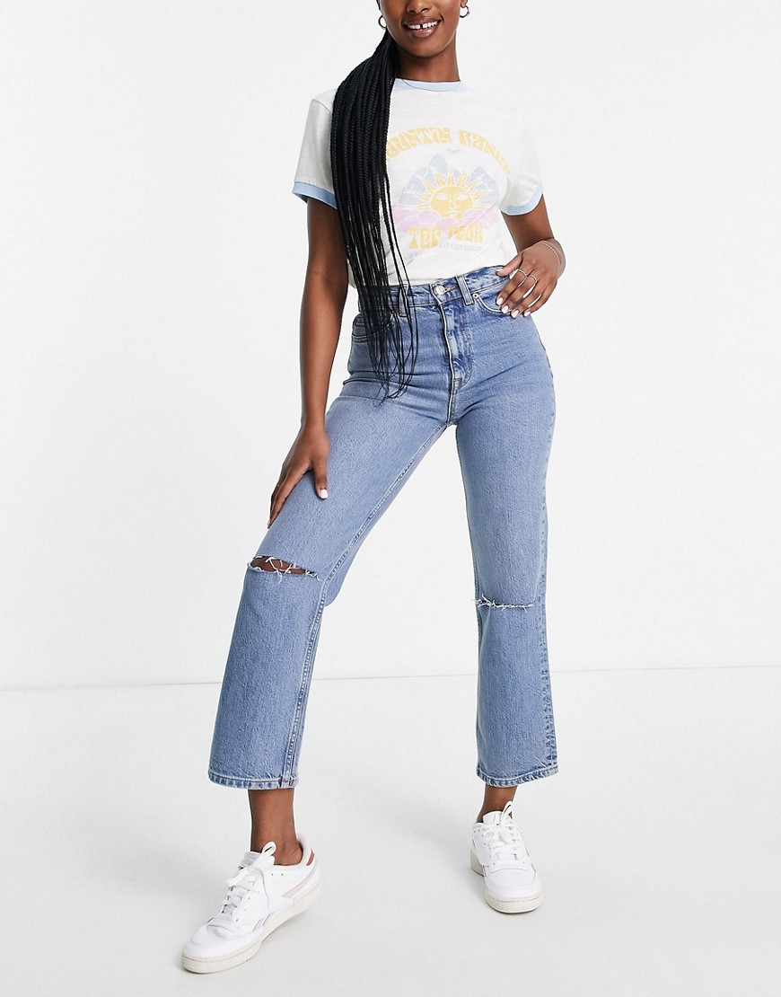 ASOS DESIGN high rise stretch 'slim' straight leg jeans in midwash with rips-Blues