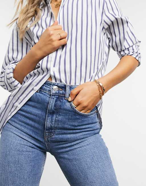 ASOS DESIGN high rise stretch slim straight leg jeans in midwash, 3 of 4