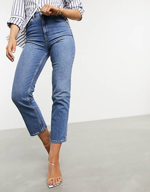 ASOS DESIGN high rise stretch slim straight leg jeans in midwash
