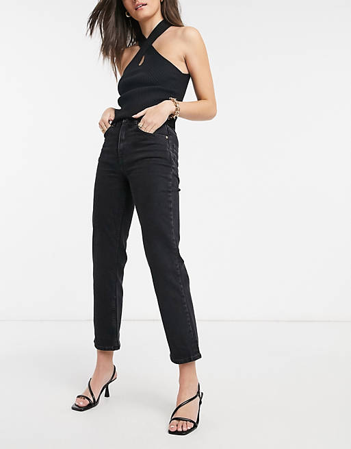 Women high rise stretch 'slim' straight leg jeans in washed black 