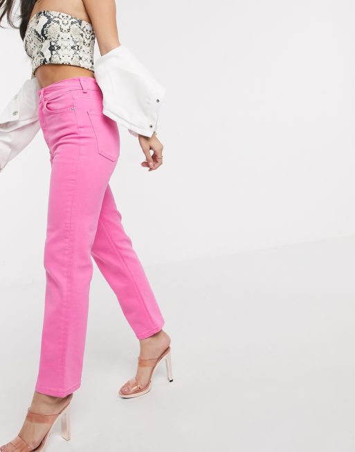 Women's Pink Straight Denim Jeans High Rise