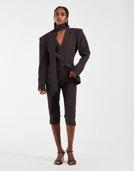 ASOS DESIGN cinched scarf detail fringed blazer set in chocolate, 3 of 3