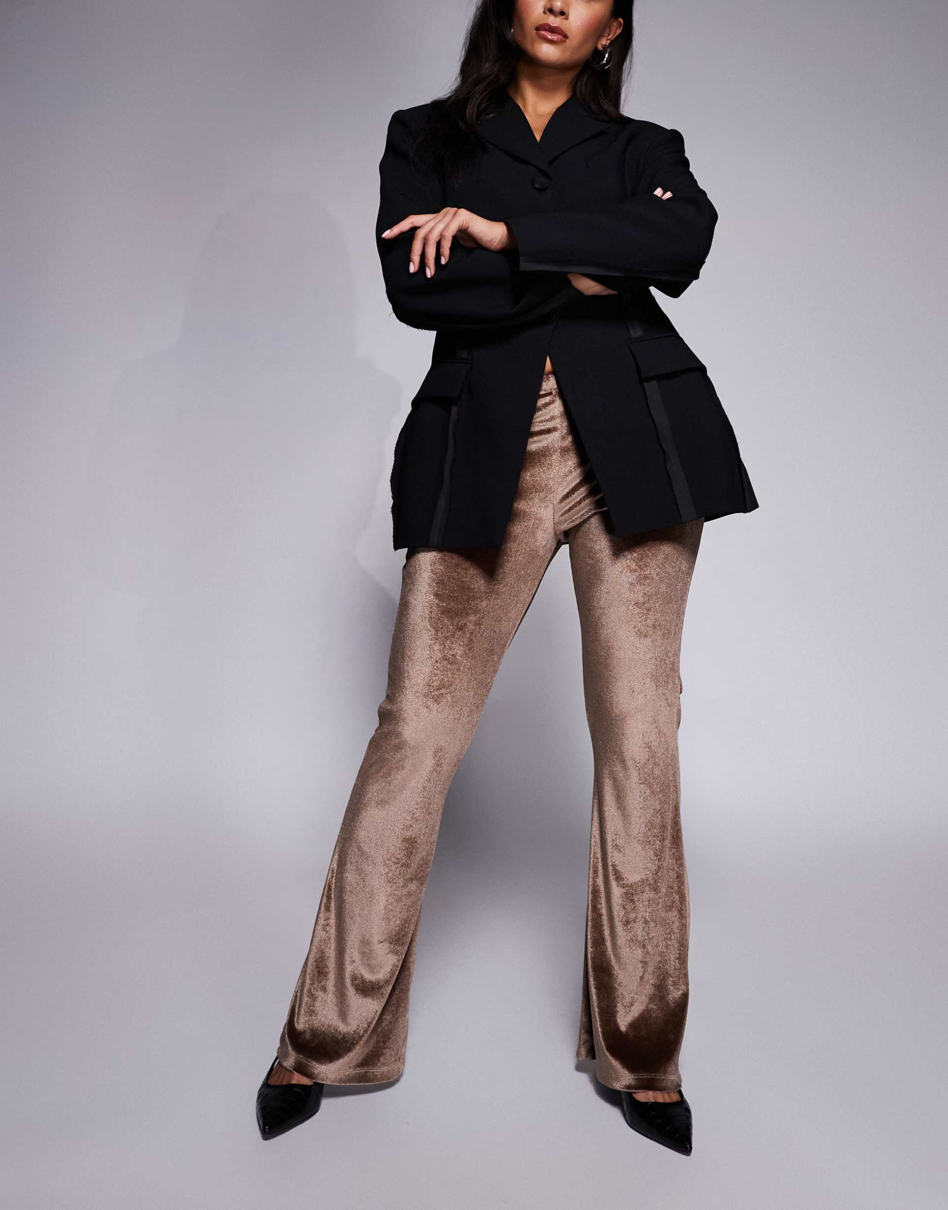 asos design high rise velvet skinny flare pants in brown