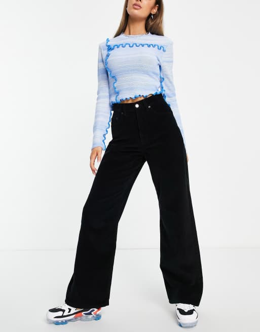 ASOS DESIGN high rise wide leg dad trousers cord in black 