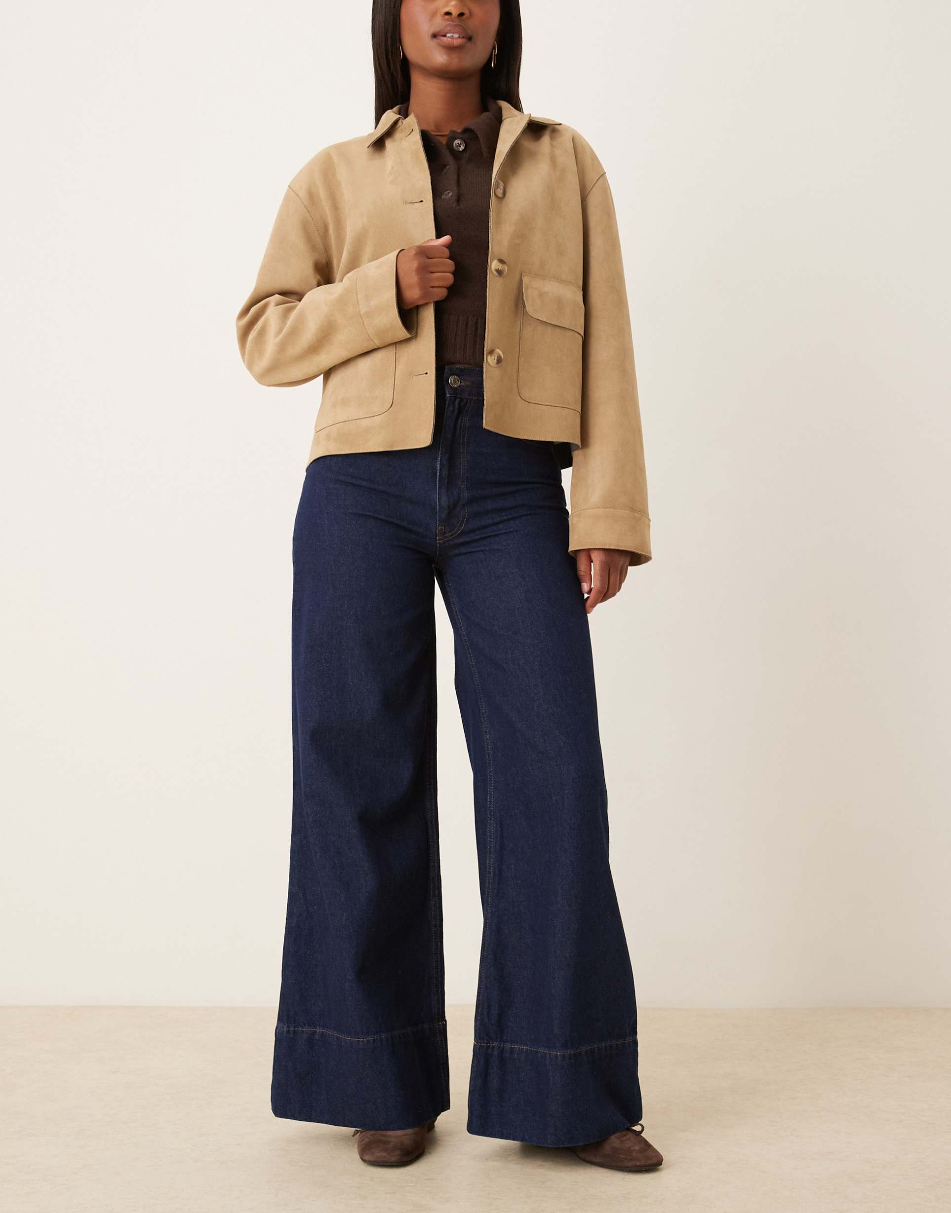 asos design high rise wide leg flared jeans in rinse wash