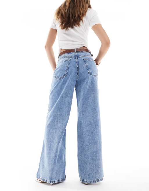 ASOS DESIGN high rise wide leg jeans with belt in light mid wash