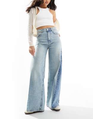 high rise wide leg jeans with cinch and patchwork twisted seam-Blue