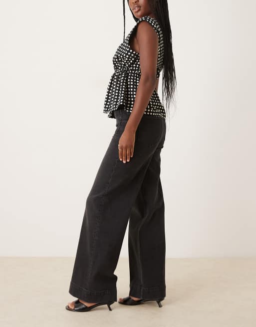 ASOS DESIGN high rise wide leg jeans with front pockets in black