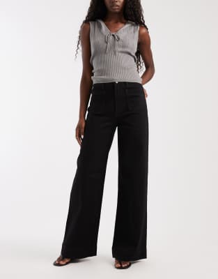 Asos Design High Rise Wide Leg Jeans With Front Pockets In Black