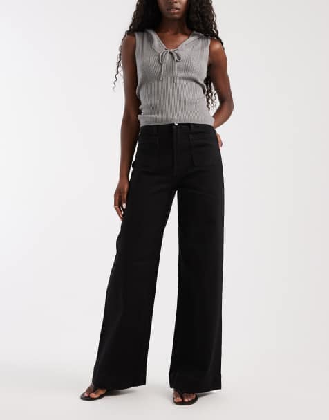 ASOS DESIGN high rise wide leg jeans with front pockets in black - view 1