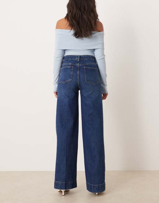 ASOS DESIGN high rise wide leg jeans with front pockets in dark wash
