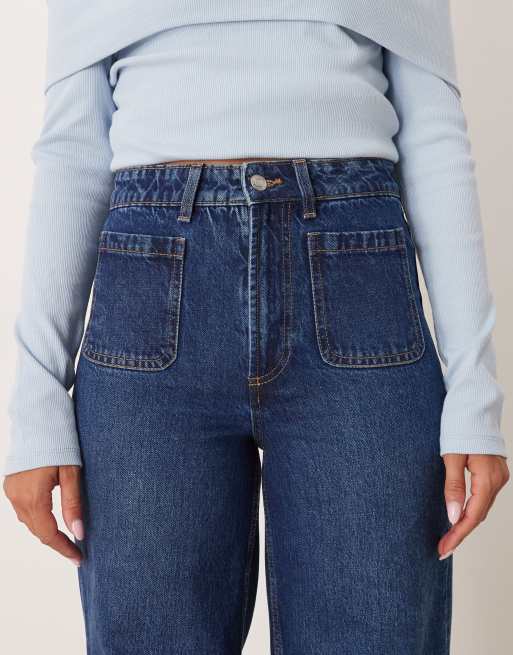 ASOS DESIGN high rise wide leg jeans with front pockets in dark wash