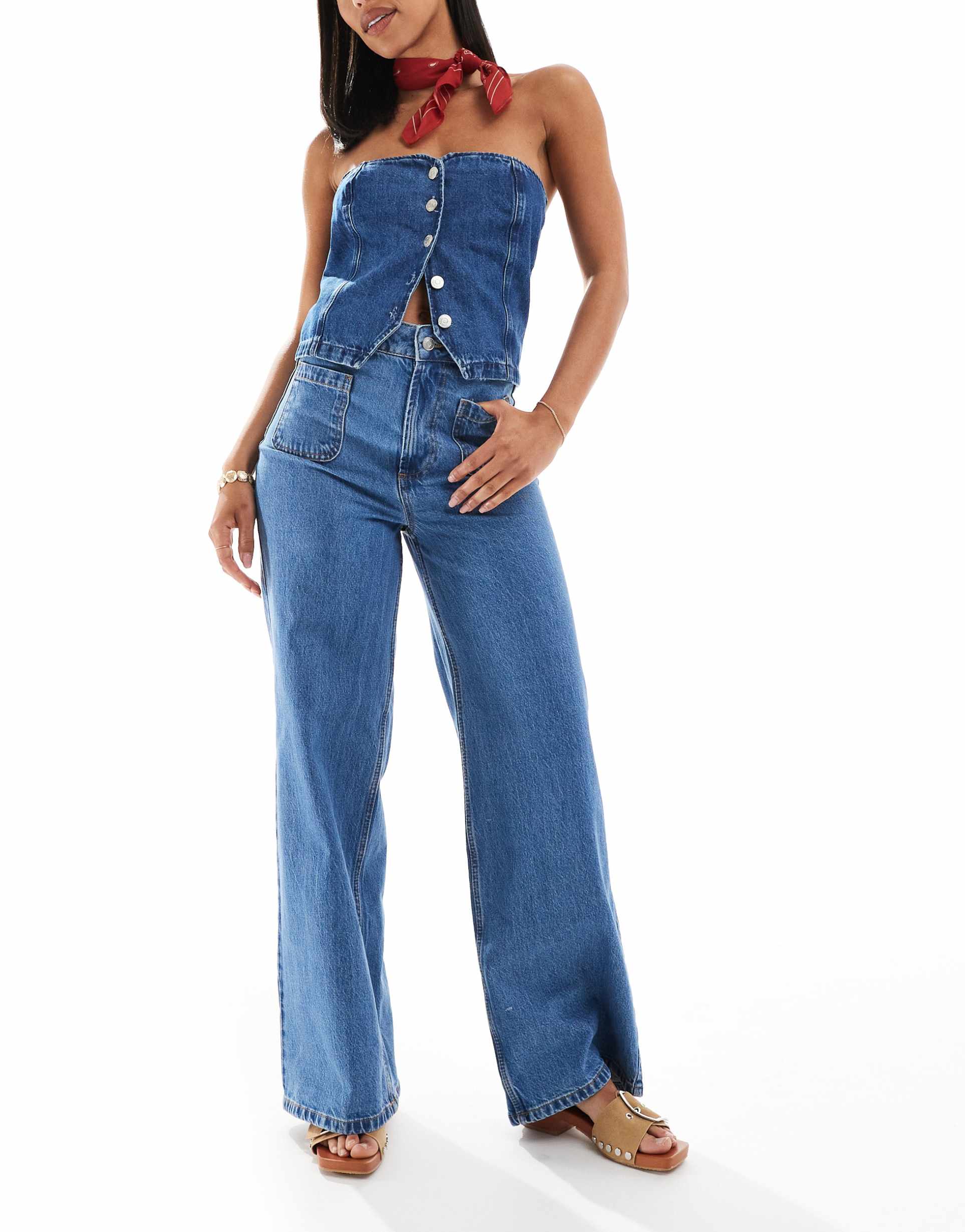 asos design high rise wide leg jeans with front pockets in mid blue