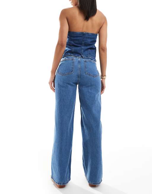 ASOS DESIGN high rise wide leg jeans with front pockets in mid blue , 2 of 5