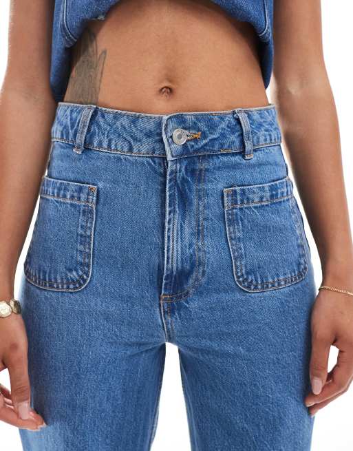 ASOS DESIGN high rise wide leg jeans with front pockets in mid blue , 5 of 5