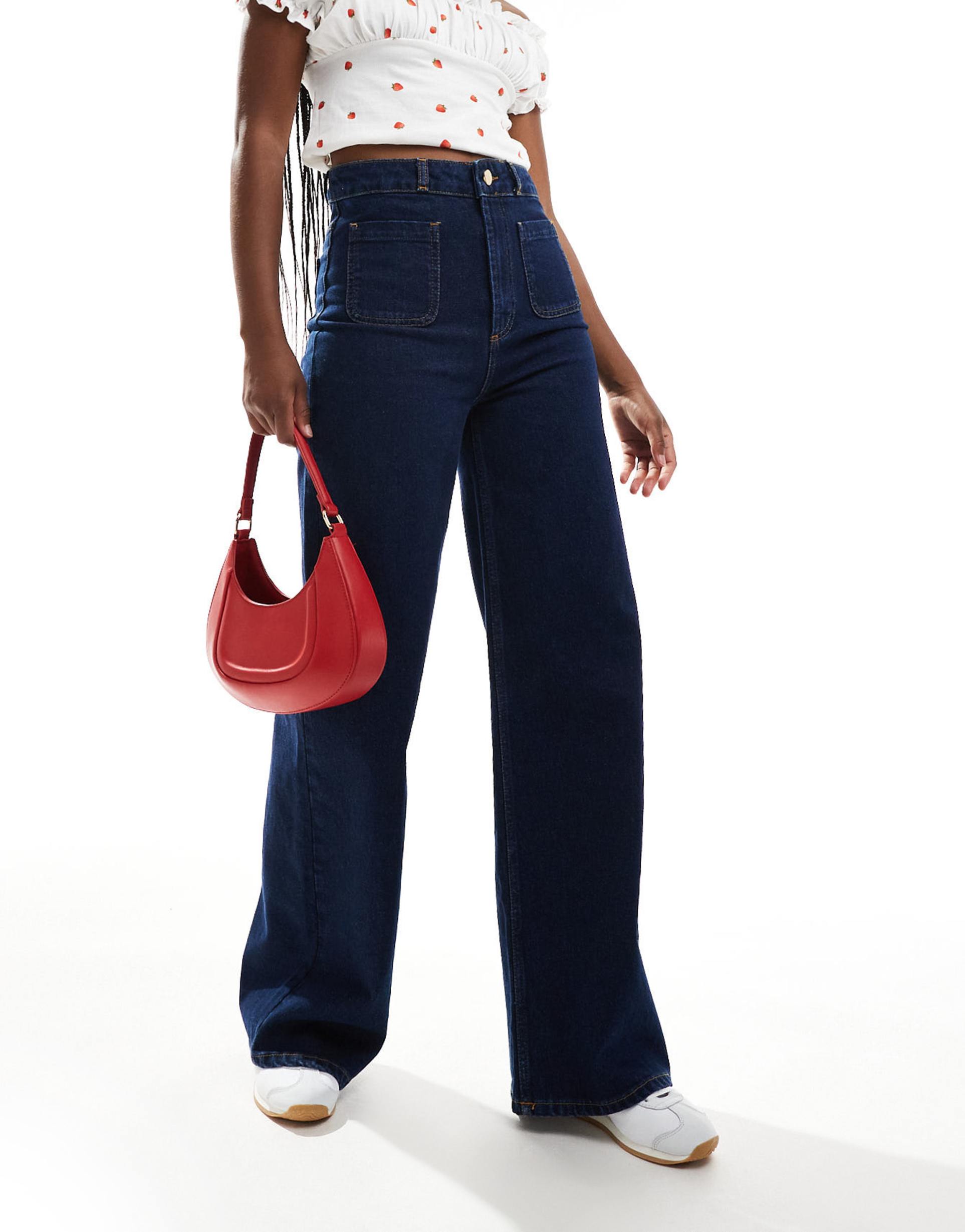 asos design high rise wide leg jeans with front pockets in rinse