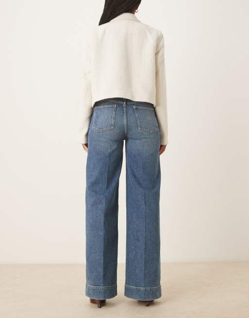 ASOS DESIGN high rise wide leg jeans with front pockets in vintage wash with crease front