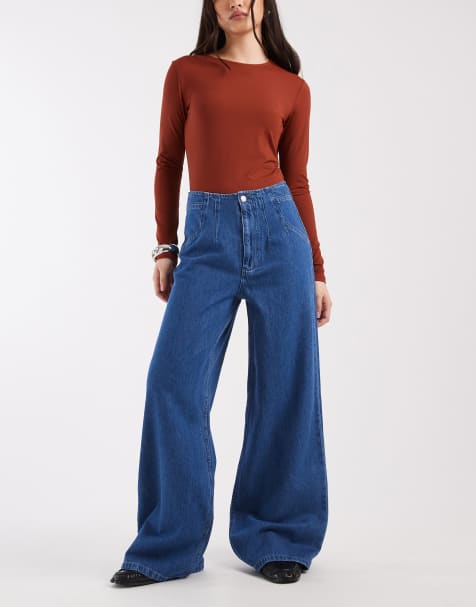 ASOS DESIGN high rise wide leg jeans with grown on waist in clean bright blue - view 1