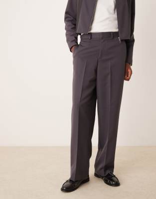 Asos Design High Rise Wide Leg Smart Pants In Gray