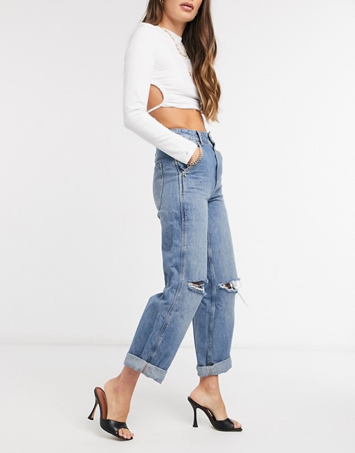 ASOS DESIGN high rise 'worker' jeans in midwash