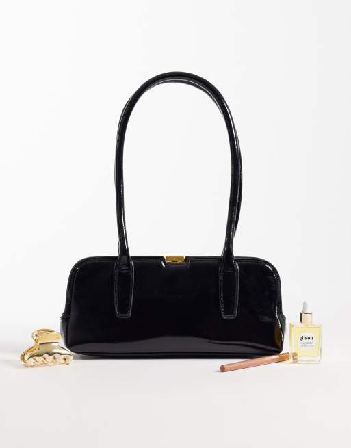 ASOS DESIGN high shine elongated handle bag in black, 2 of 4