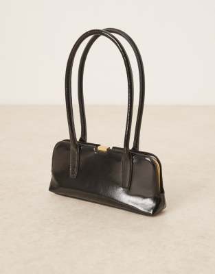 Asos Design High Shine Elongated Handle Frame Bowler Bag In Black