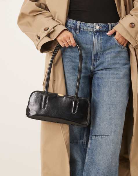 ASOS DESIGN high shine elongated handle frame bowler bag in black - view 1
